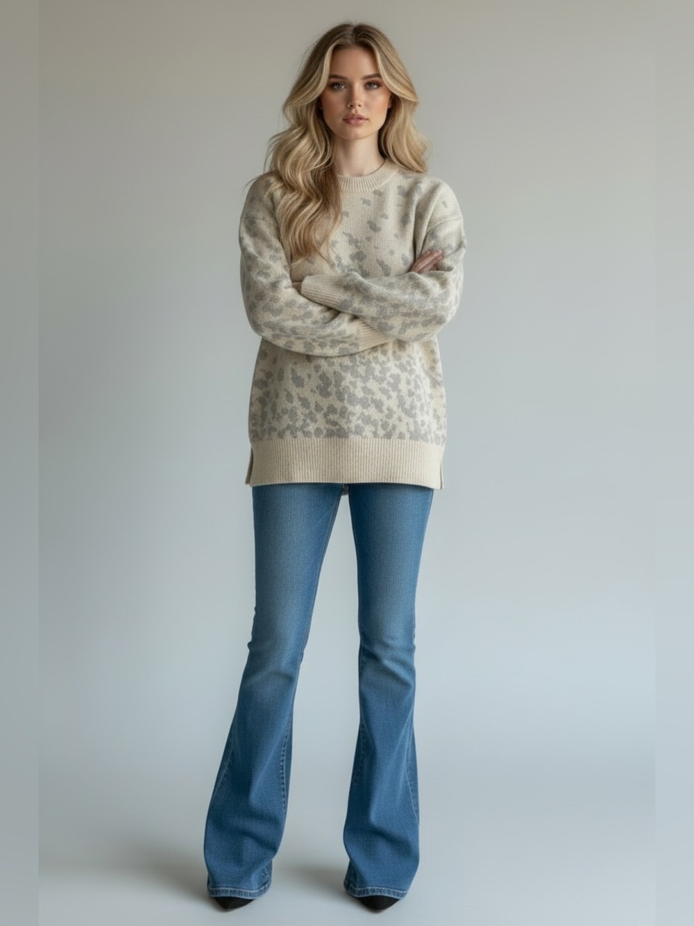 Christian Siriano Cream Crewneck Sweater with Light Gray Spot Pattern. Small.